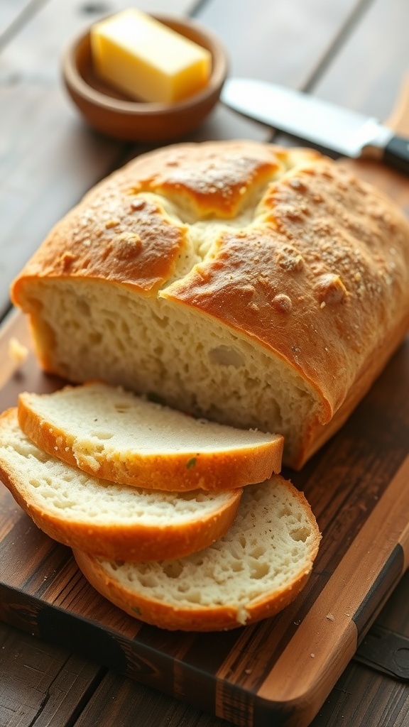 Freshly baked homemade sandwich bread, sliced, on a wooden board with butter.